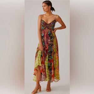 Anthropologie Multi Print V Neck Embroidered Geometric Maxi Dress